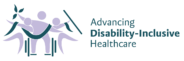 A logo depicting three figures. Center figure is in a wheelchair and holding a flower. A figure is on either side of the center figure with their arms up. Text saying "Advancing Disability-Inclusive Healthcare" to the right of the figures.