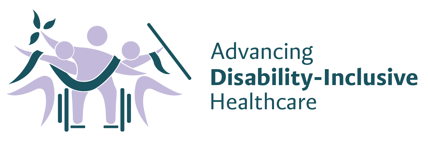 A logo depicting three figures. Center figure is in a wheelchair and holding a flower. A figure is on either side of the center figure with their arms up. Text saying "Advancing Disability-Inclusive Healthcare" to the right of the figures.